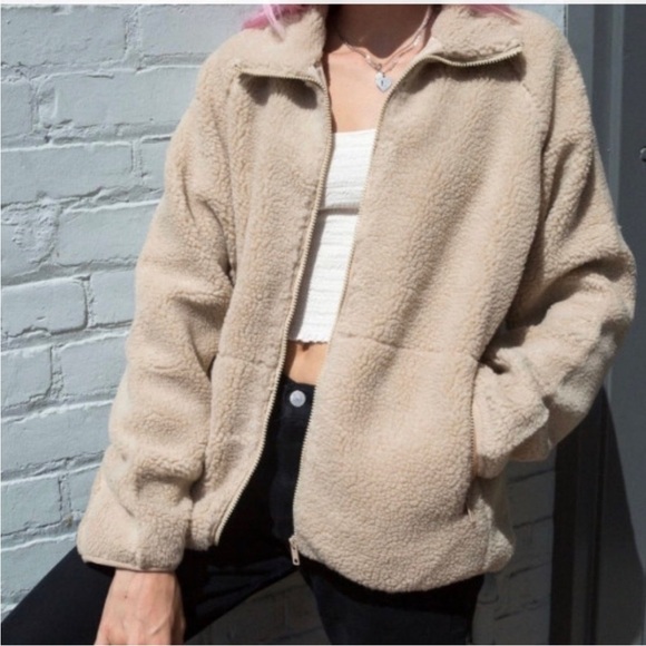 Brandy Melville John Galt Teddy Shearling Jacket Camel Tan Zip Up One Size - Picture 1 of 7